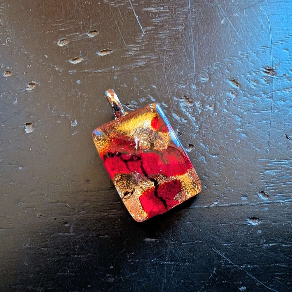 Glass Rectangular Pendant Red Black Gold w/ Embossed M on Metal Tab Boho